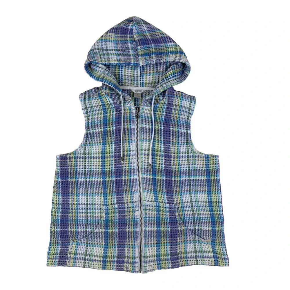 Christopher & Banks M Hooded Vest Plaid Waffle Cotton Blend Zip Up